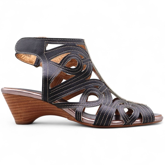 Spring Step L'Artiste Flourish Size 10 Black Leather Cutout Wedge Sandals *READ - Picture 1 of 11